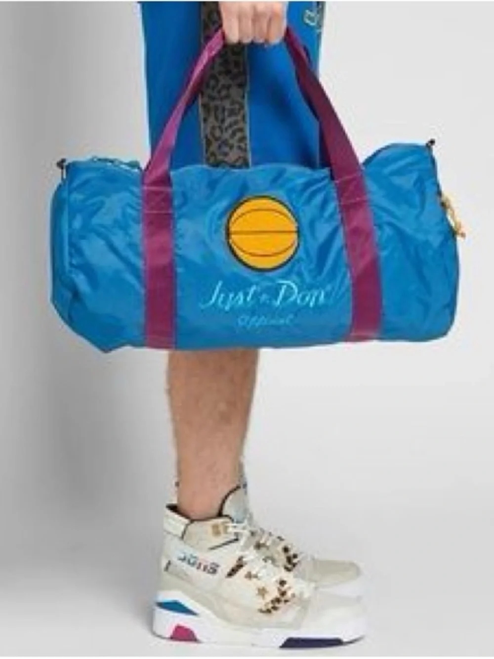 Just Don Blue Duffel with Purple Handles and Yellow Basketball Patch - converse